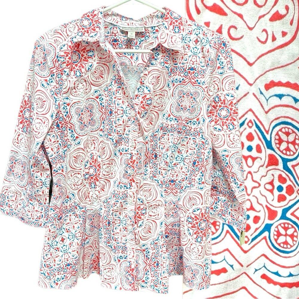 NWT Dana Buchman Red White Blue Print Peplum Style Button Down Shirt Size Medium